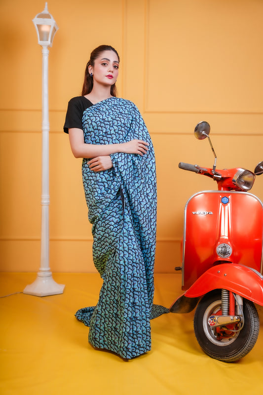 Lawn Blue stitched saree with blouse Digital Print Ensemble