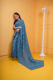 Lawn Blue stitched saree with blouse Digital Print Ensemble