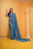 Lawn Blue stitched saree with blouse Digital Print Ensemble