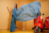 Lawn Blue stitched saree with blouse Digital Print Ensemble