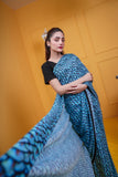 Lawn Blue stitched saree with blouse Digital Print Ensemble