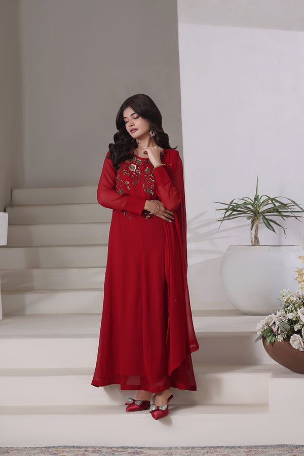 3-Piece Stitched Sophisticated Maroon Hand Embroidered Sheep