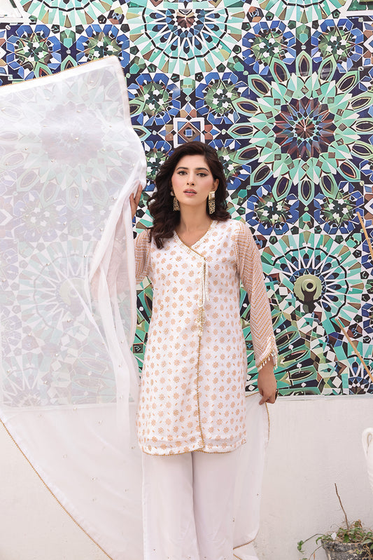 Ethereal Elegance: White Angrakha Dress 3-Piece Stitched