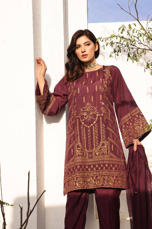 Earthy Elegance: Marron Screen Print Dress 3-Piece Stitched