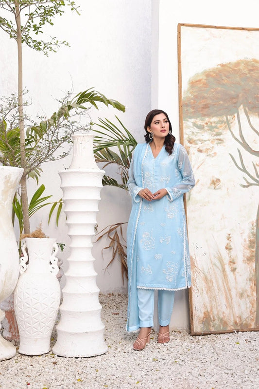 Chic Elegance: Chambre Blue Screenprint Ensemble 3-Piece Stitched