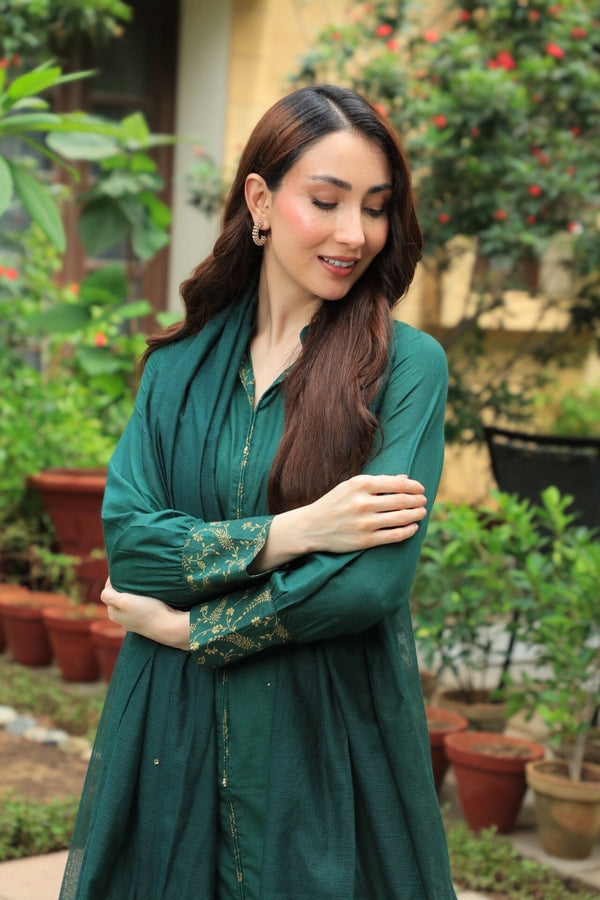 3-Piece Stitched Traditional Kai Green Hand-Embroidered Sheep