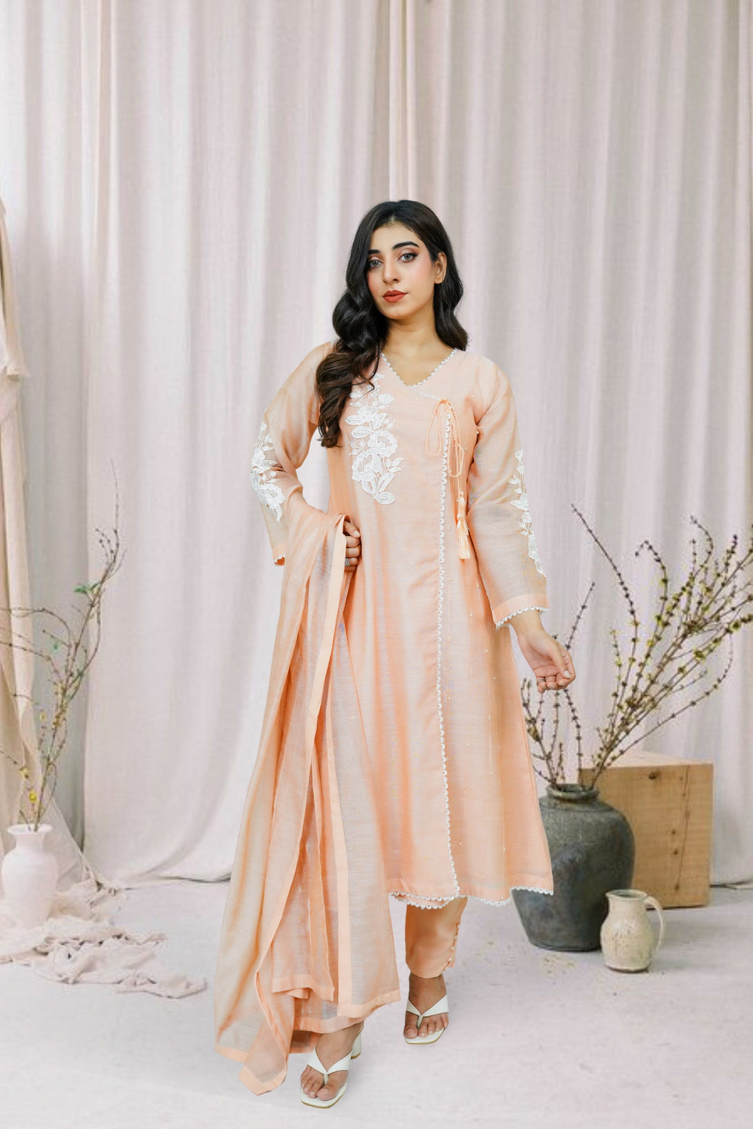 3-piece stitched Peach Embroidered Sheep