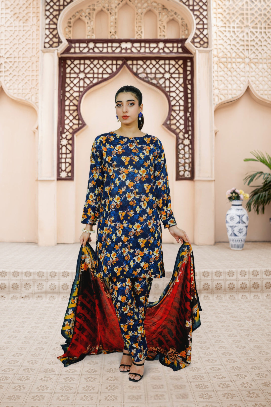 3-piece stitched Navy Blue Printed Sheep