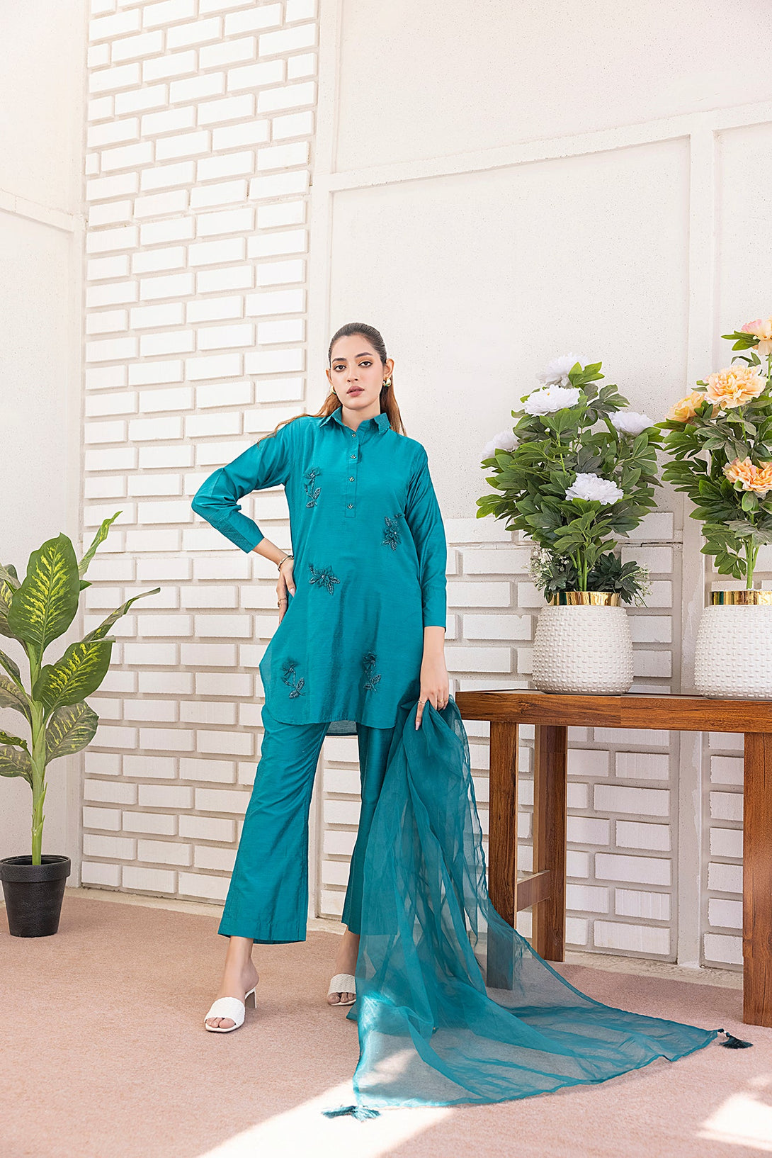 Classic Sea green Embroidered stitched 3-piece Sheep