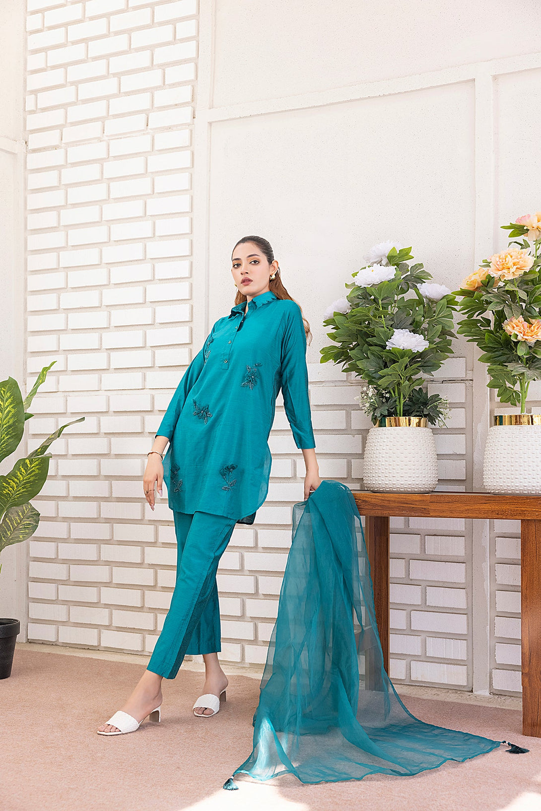 Classic Sea green Embroidered stitched 3-piece Sheep