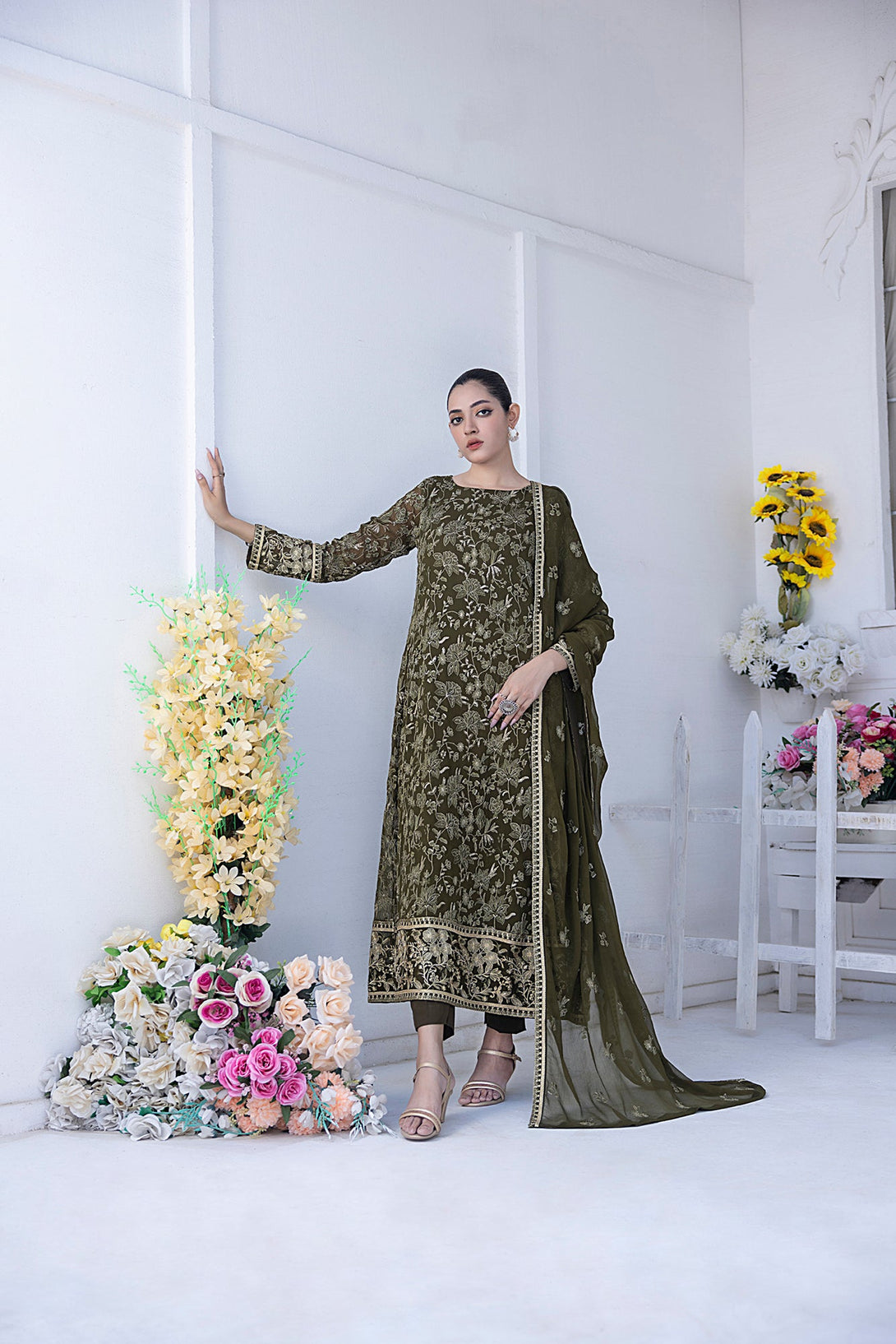 Classic DK Mehndi Green Embroidered stitched 3-piece Sheep