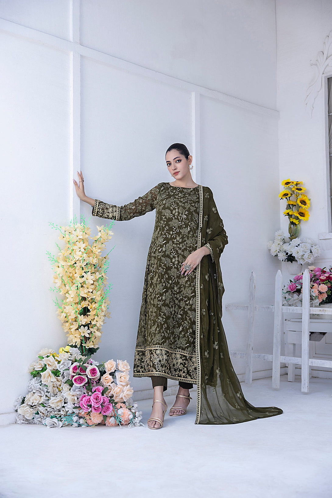 Classic DK Mehndi Green Embroidered stitched 3-piece Sheep