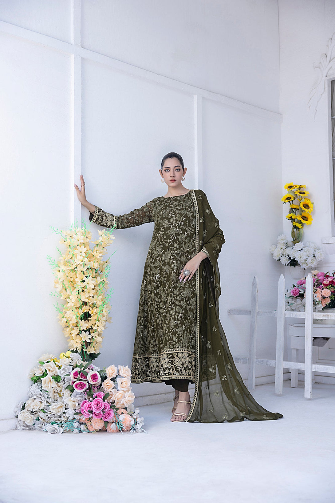Classic DK Mehndi Green Embroidered stitched 3-piece Sheep
