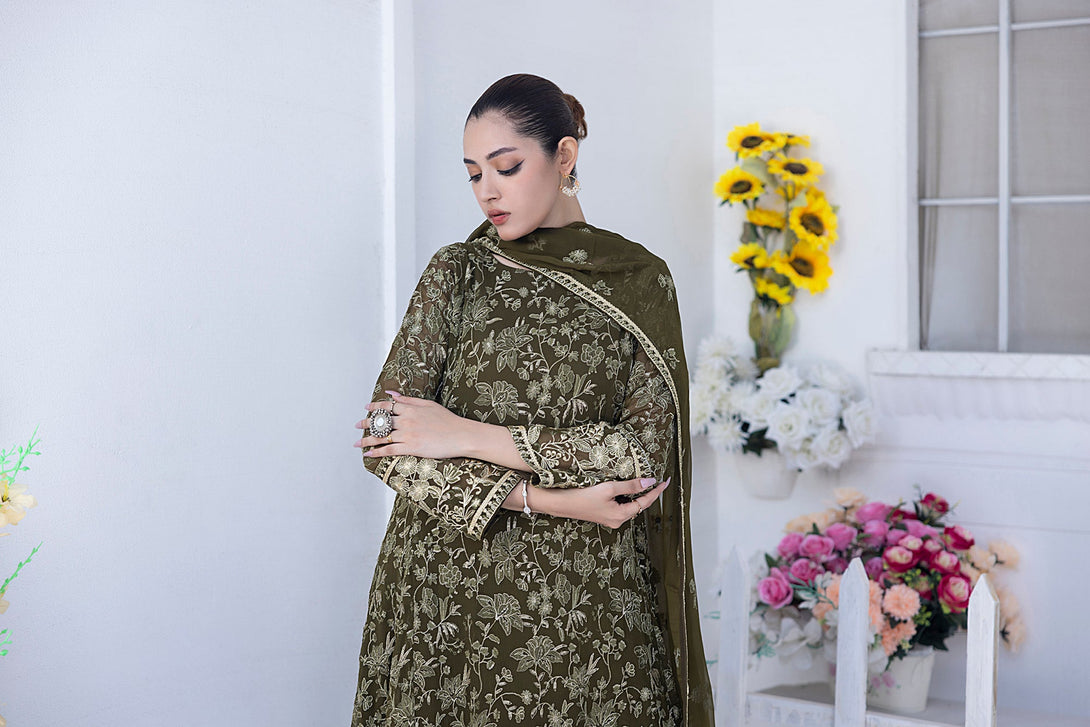 Classic DK Mehndi Green Embroidered stitched 3-piece Sheep