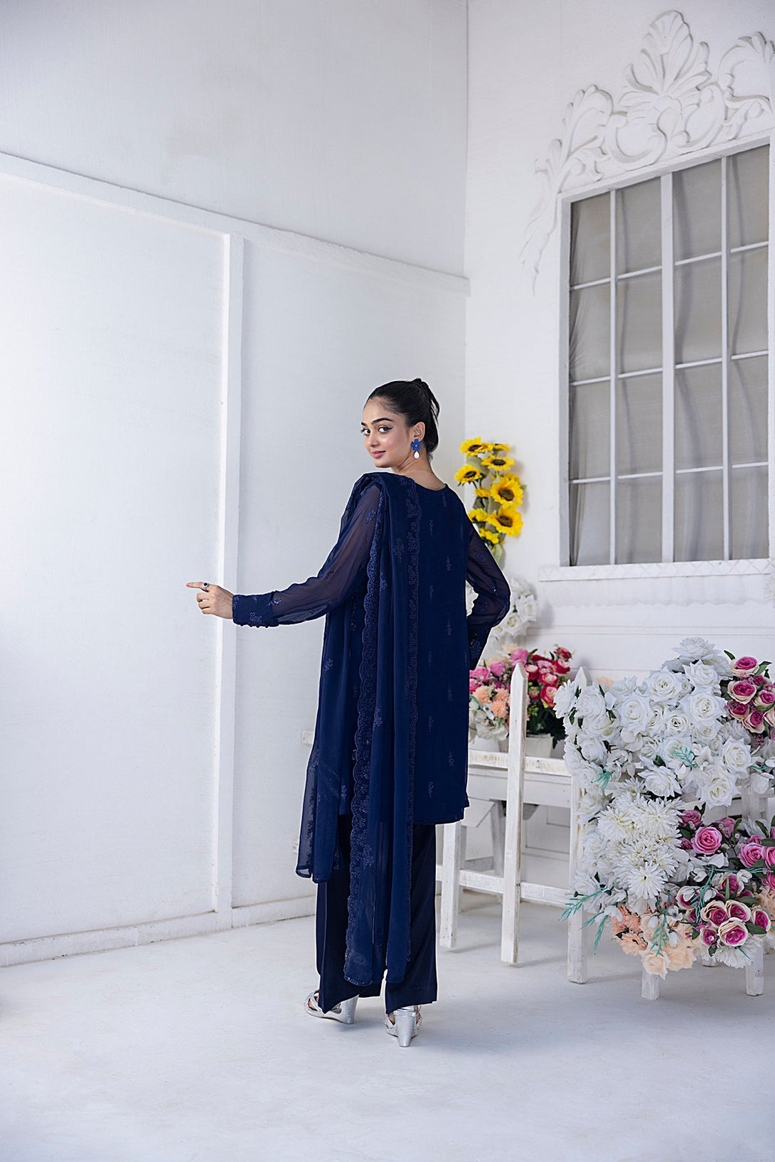 Classic Navy Blue Embroidered stitched 3-piece Sheep