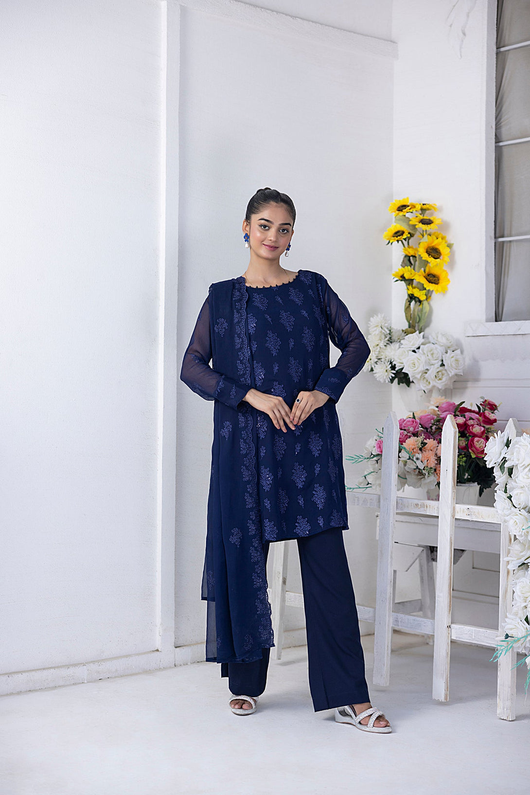 Classic Navy Blue Embroidered stitched 3-piece Sheep