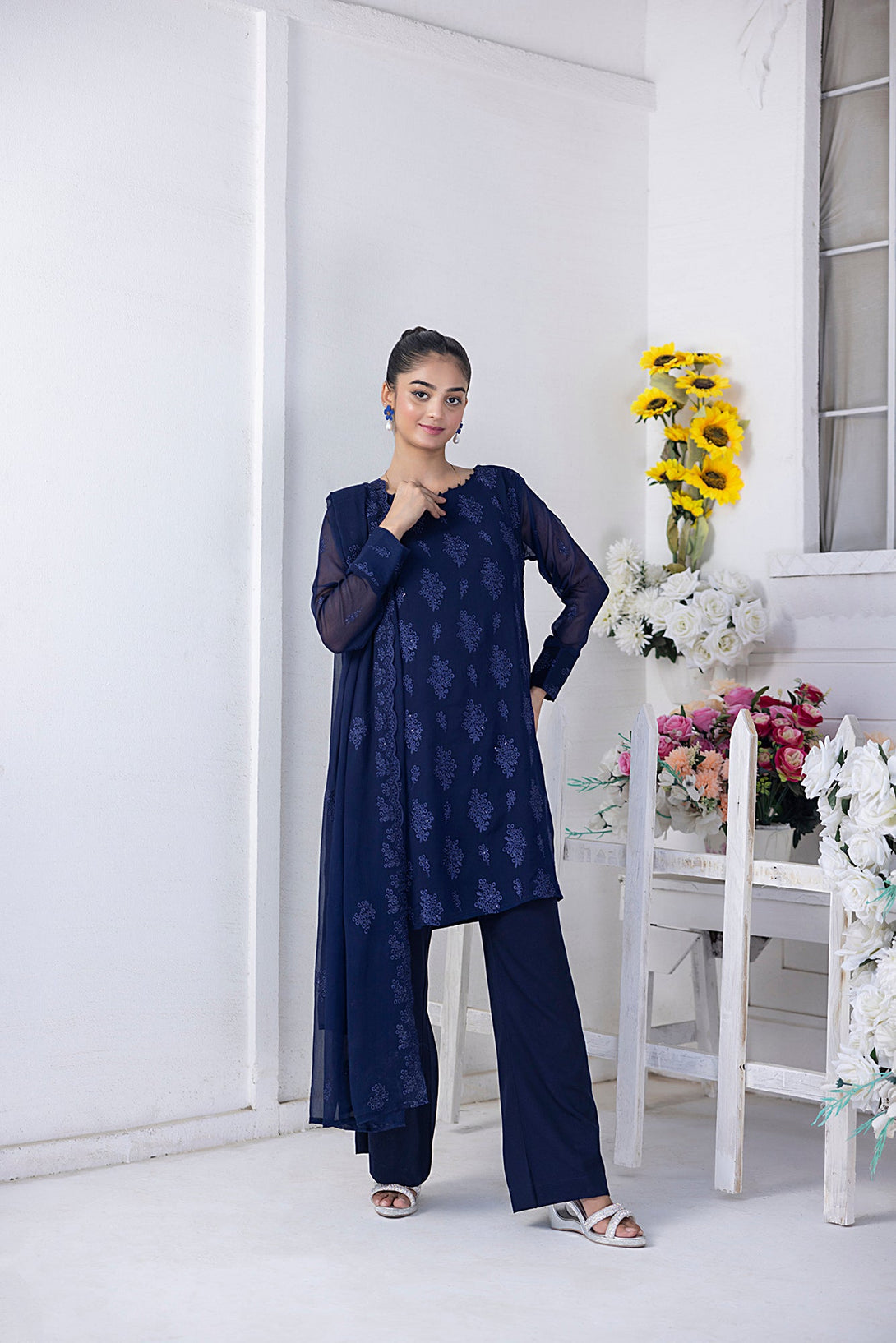 Classic Navy Blue Embroidered stitched 3-piece Sheep
