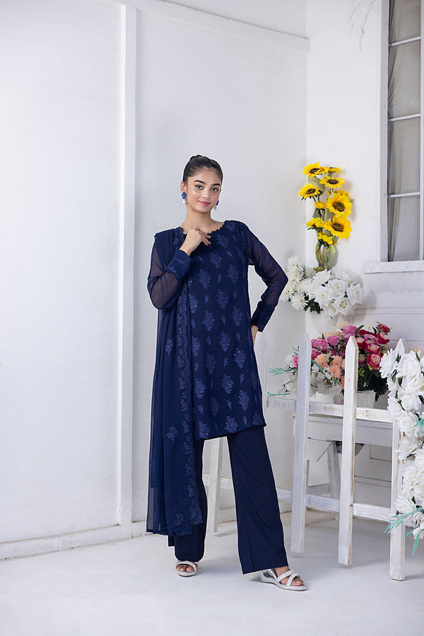 Classic Navy Blue Embroidered stitched 3-piece Sheep