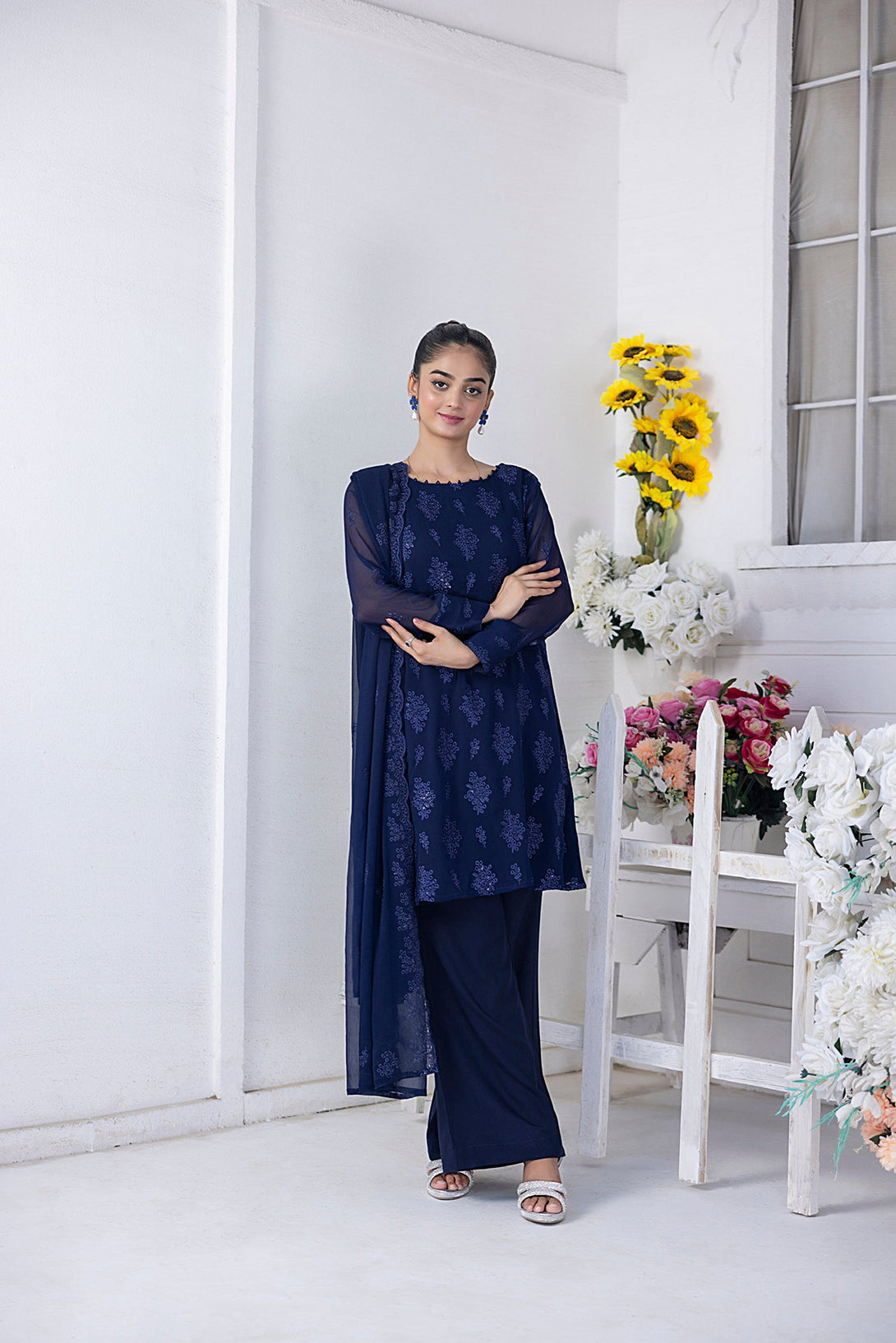 Classic Navy Blue Embroidered stitched 3-piece Sheep
