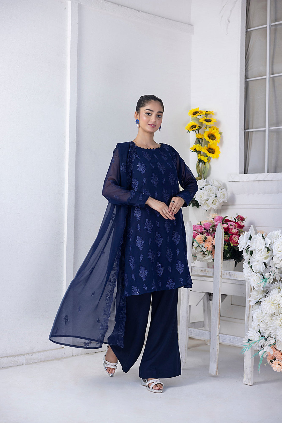 Classic Navy Blue Embroidered stitched 3-piece Sheep