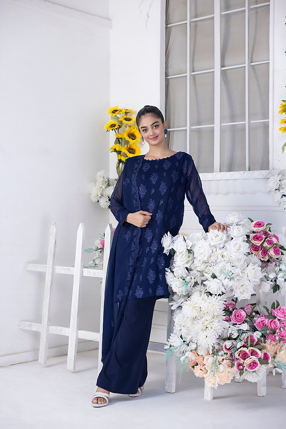 Classic Navy Blue Embroidered stitched 3-piece Sheep