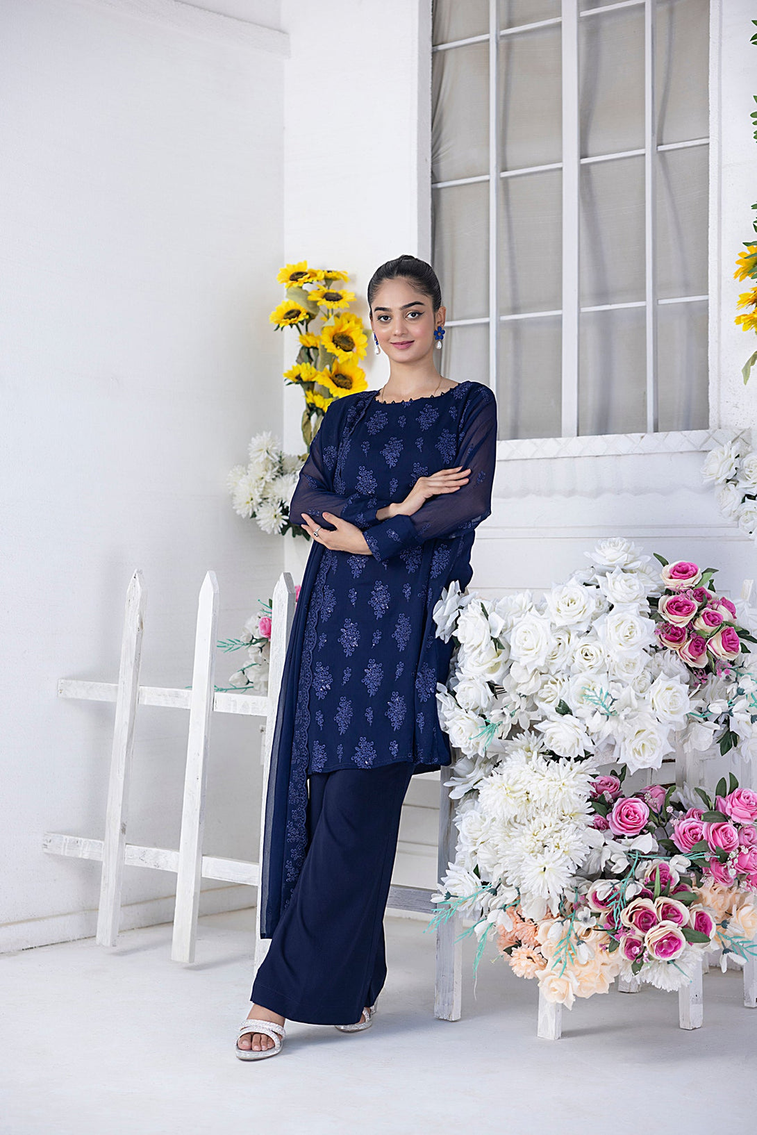 Classic Navy Blue Embroidered stitched 3-piece Sheep