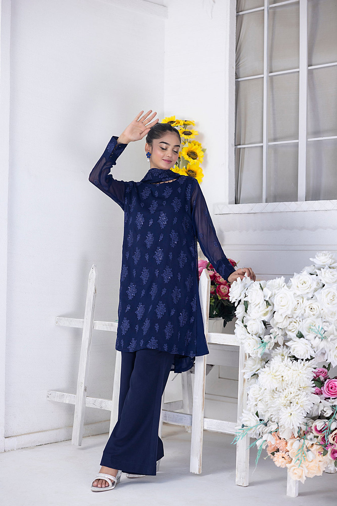 Classic Navy Blue Embroidered stitched 3-piece Sheep