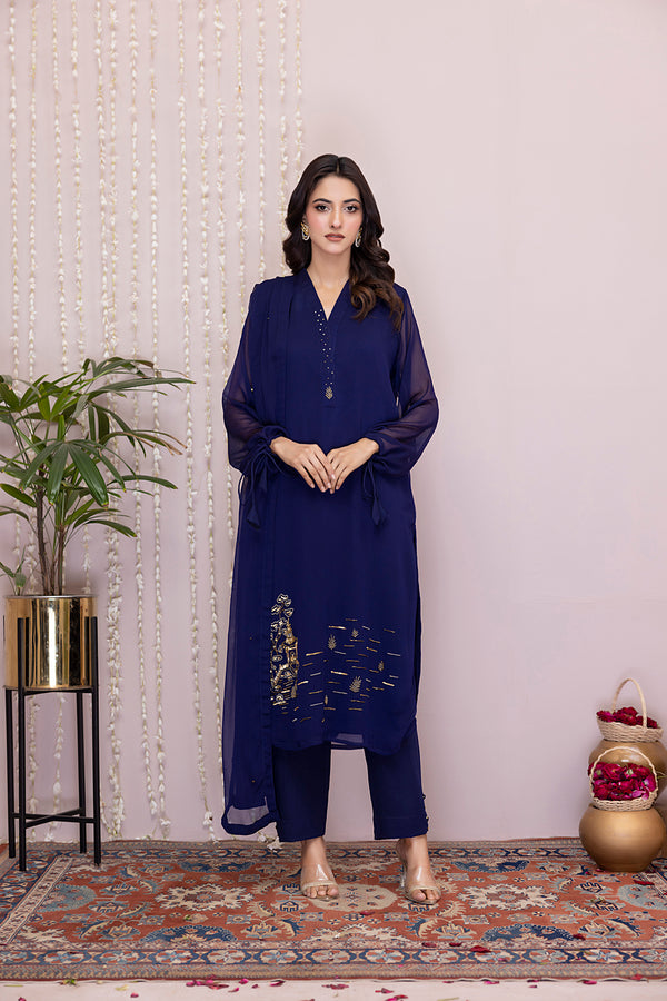 Classic Navy Blue Embroidered stitched 3-piece