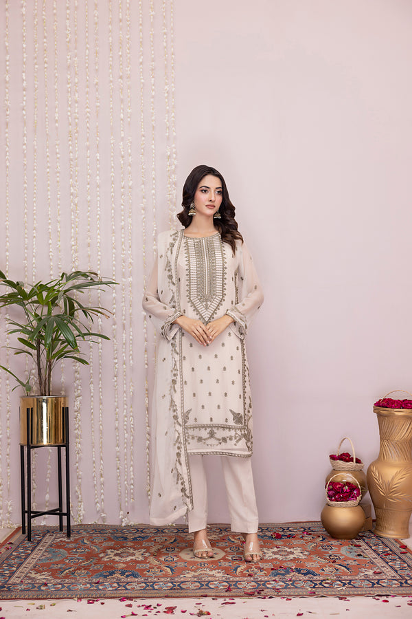 Classic Beige Embroidered stitched 3-piece