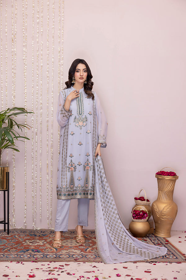 Classic Ash Gray Embroidered stitched 3-piece