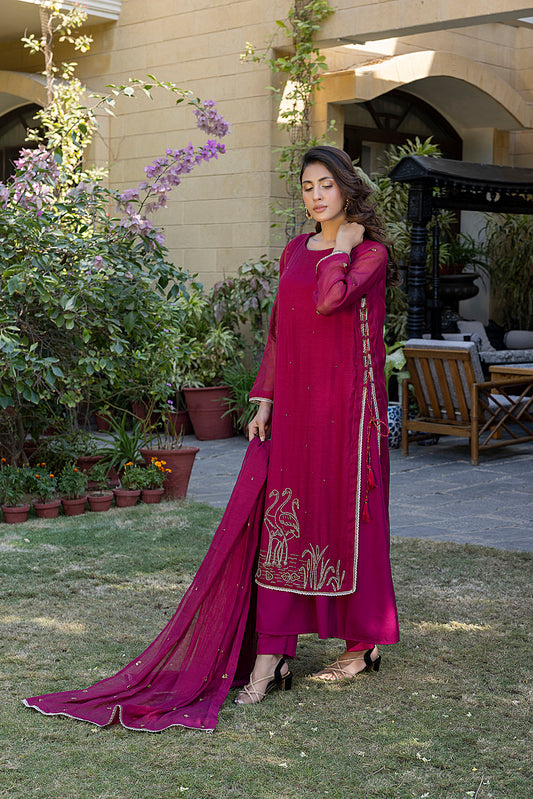 Classic Fuchsia Hand-Embroidered stitched 3-piece