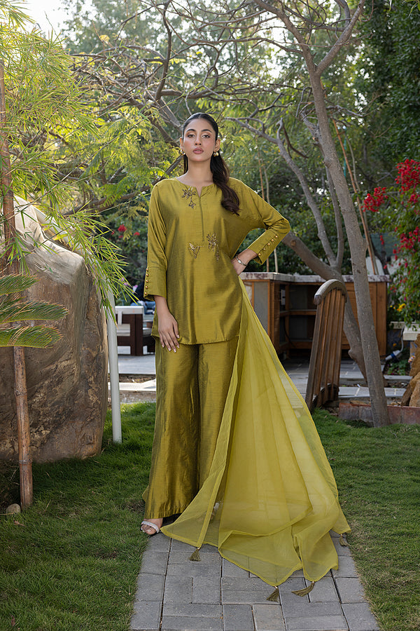 Classic Mustard Hand-Embroidered stitched 3-piece