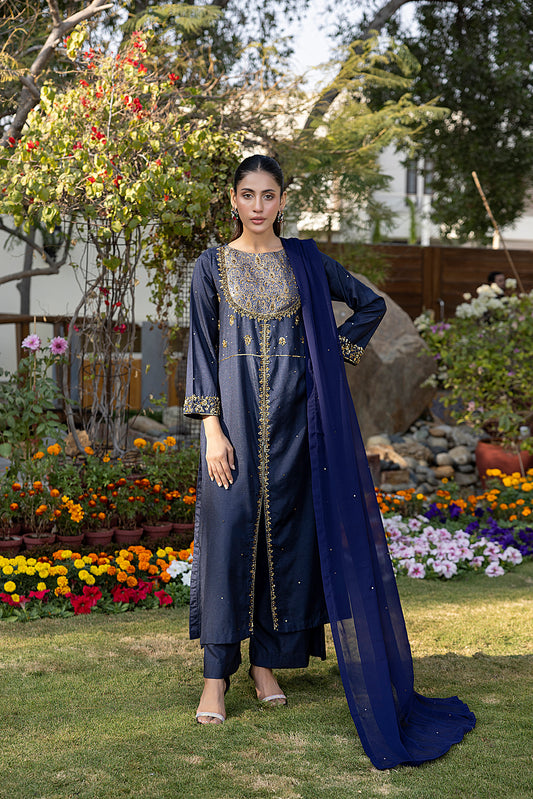 Classic Navy Blue Hand-Embroidered stitched 3-piece