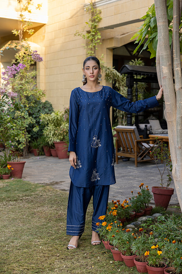 Classic Navy Blue Hand-Embroidered stitched