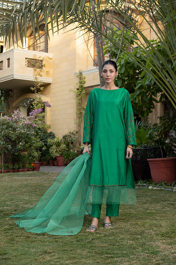 Classic Green Hand-Embroidered stitched 3-piece