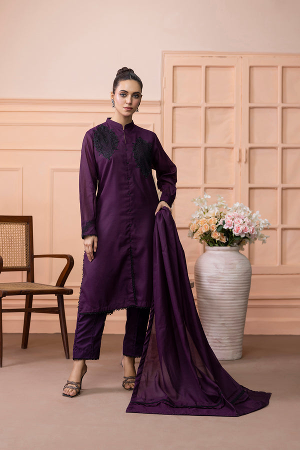 Clasasic Plum Embroidered stitched-3-piece