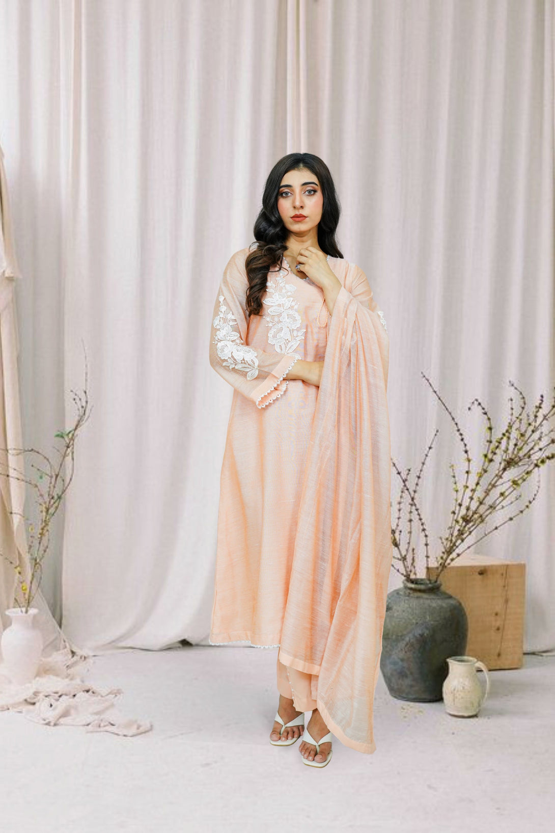3-piece stitched Peach Embroidered Sheep