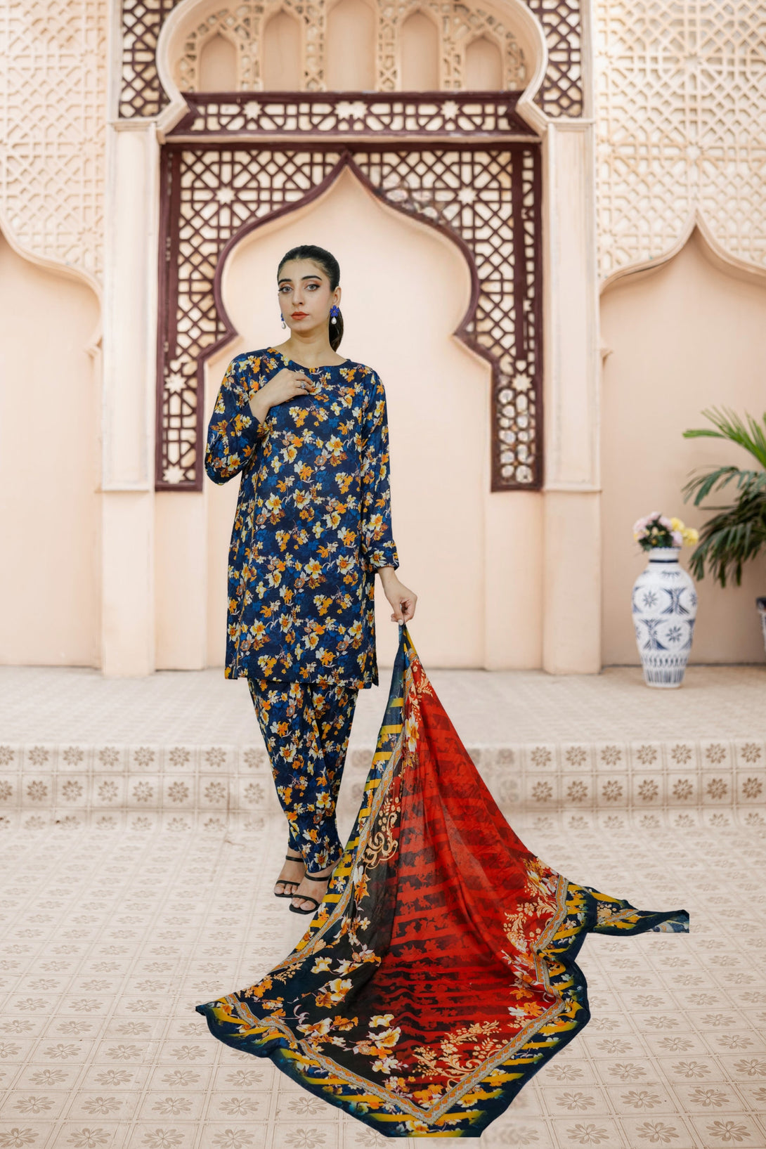 3-piece stitched Navy Blue Printed Sheep