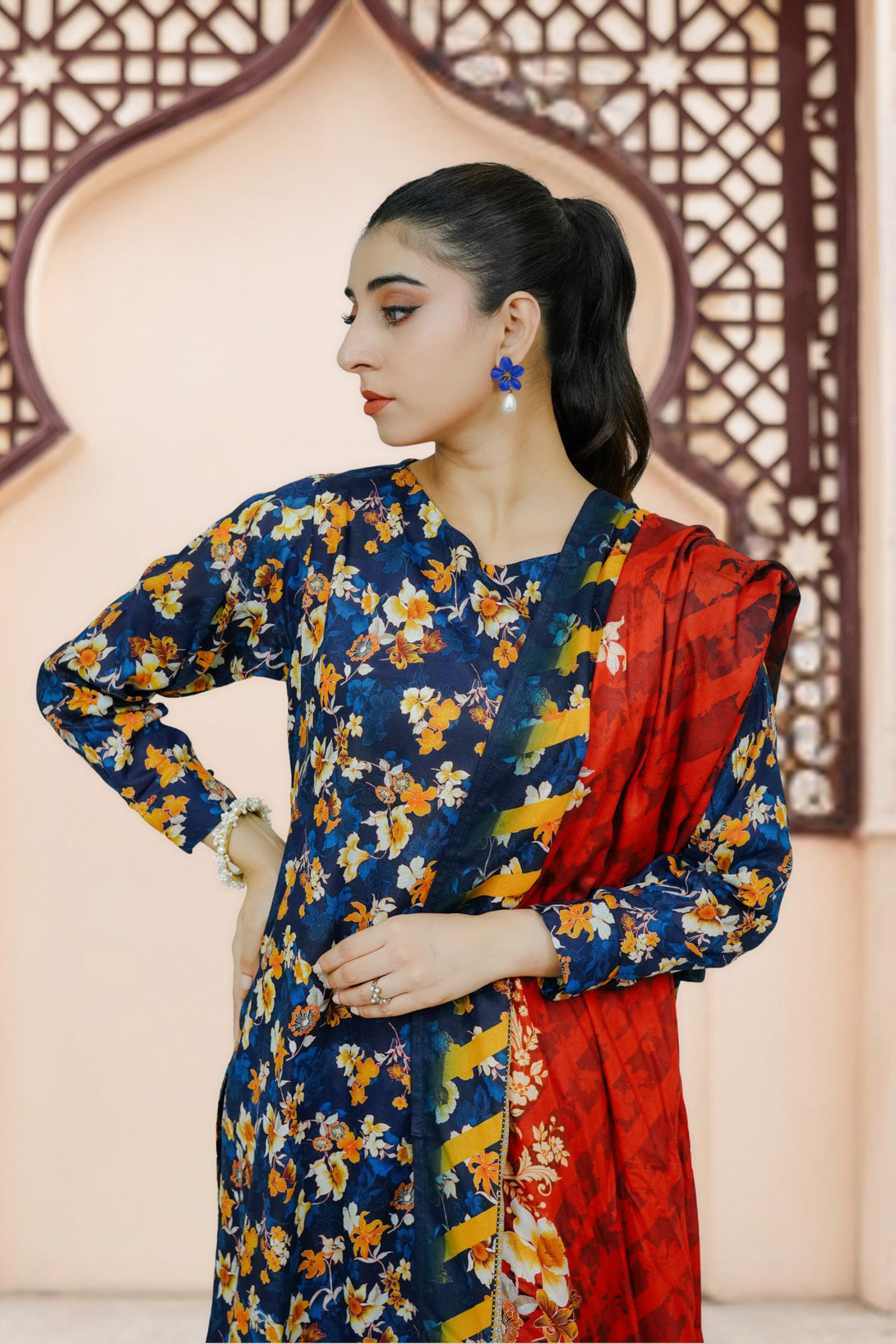 3-piece stitched Navy Blue Printed Sheep