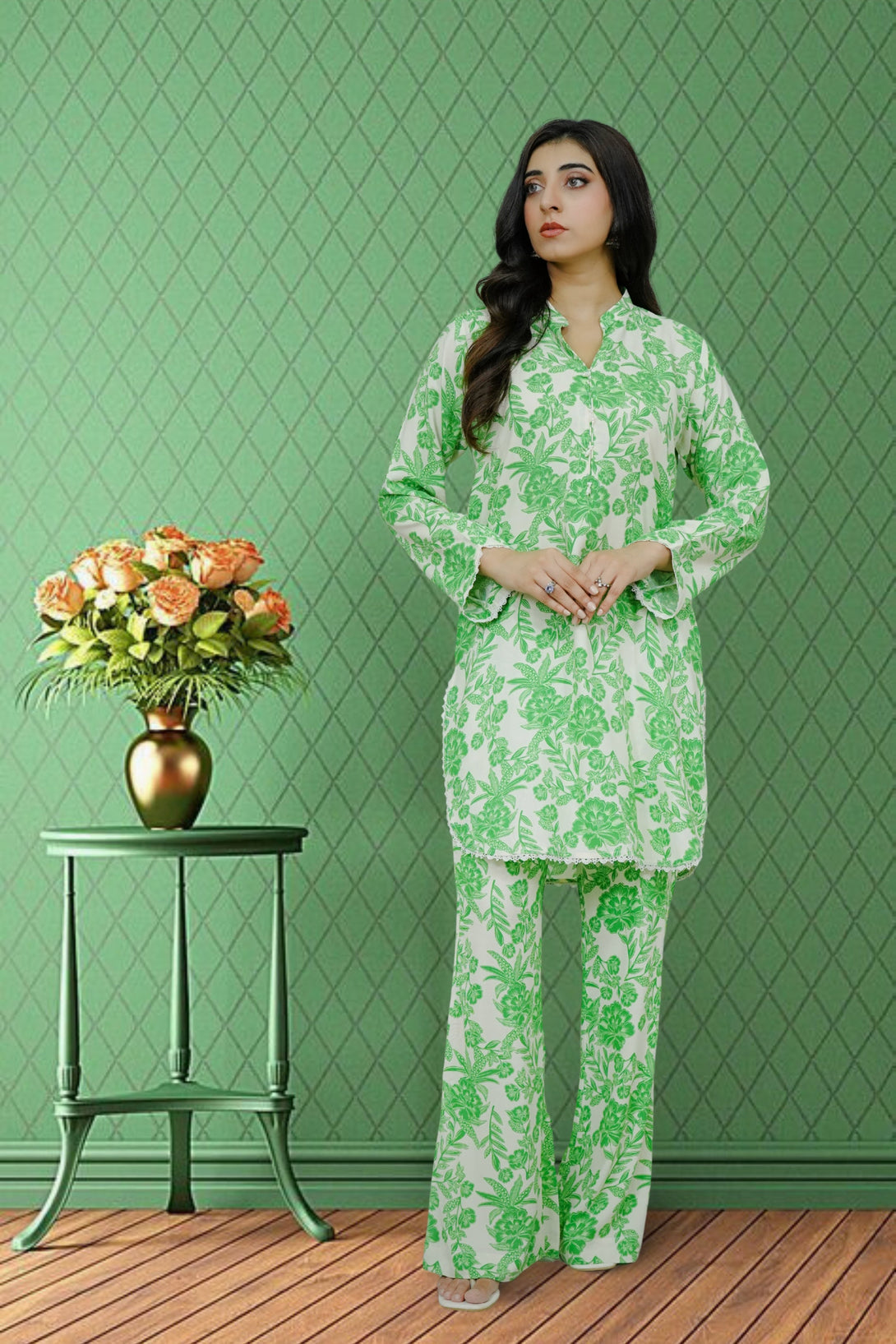 2-piece stitched Green Printed Sheep