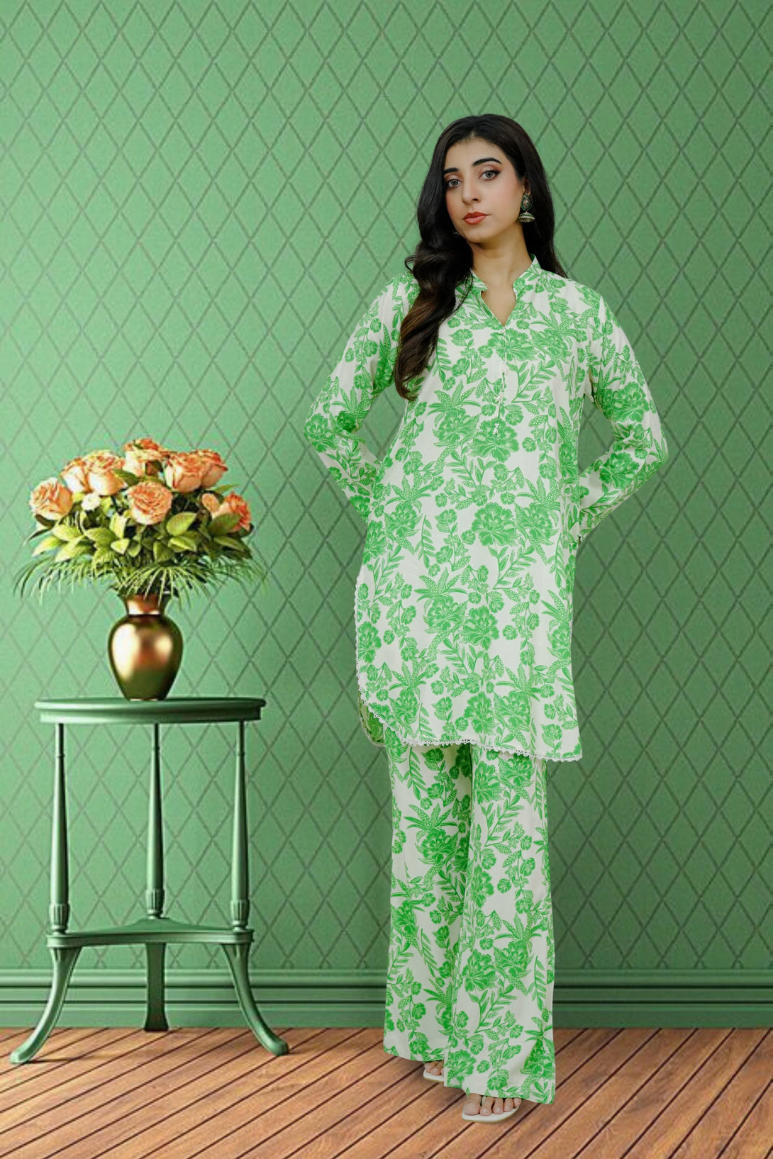 2-piece stitched Green Printed Sheep