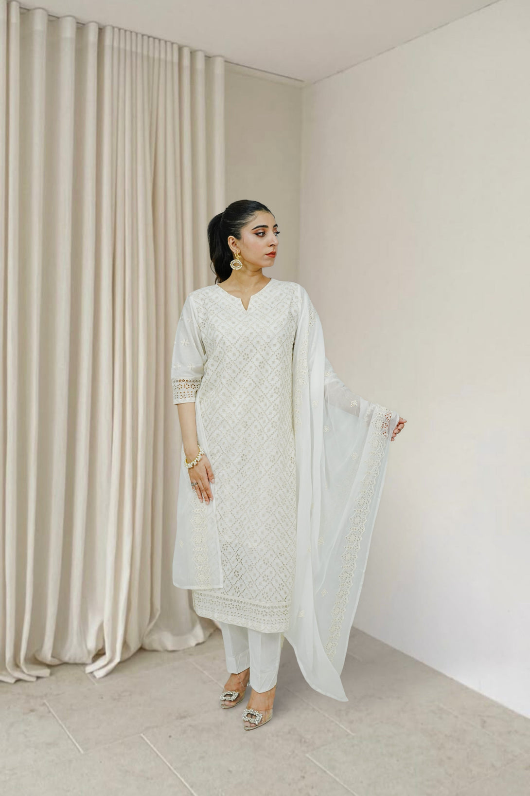 3-piece stitched White Embroidered Sheep