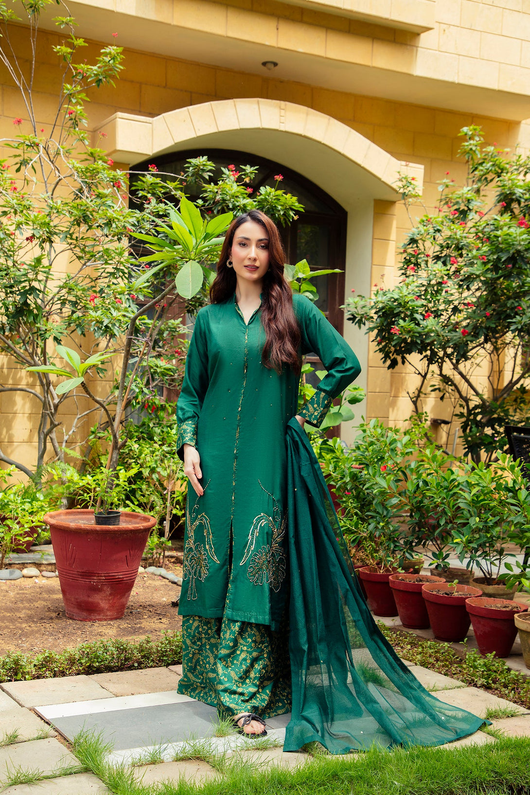 3-Piece Stitched Traditional Kai Green Hand-Embroidered Sheep