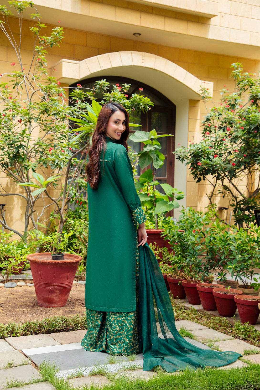 3-Piece Stitched Traditional Kai Green Hand-Embroidered Sheep