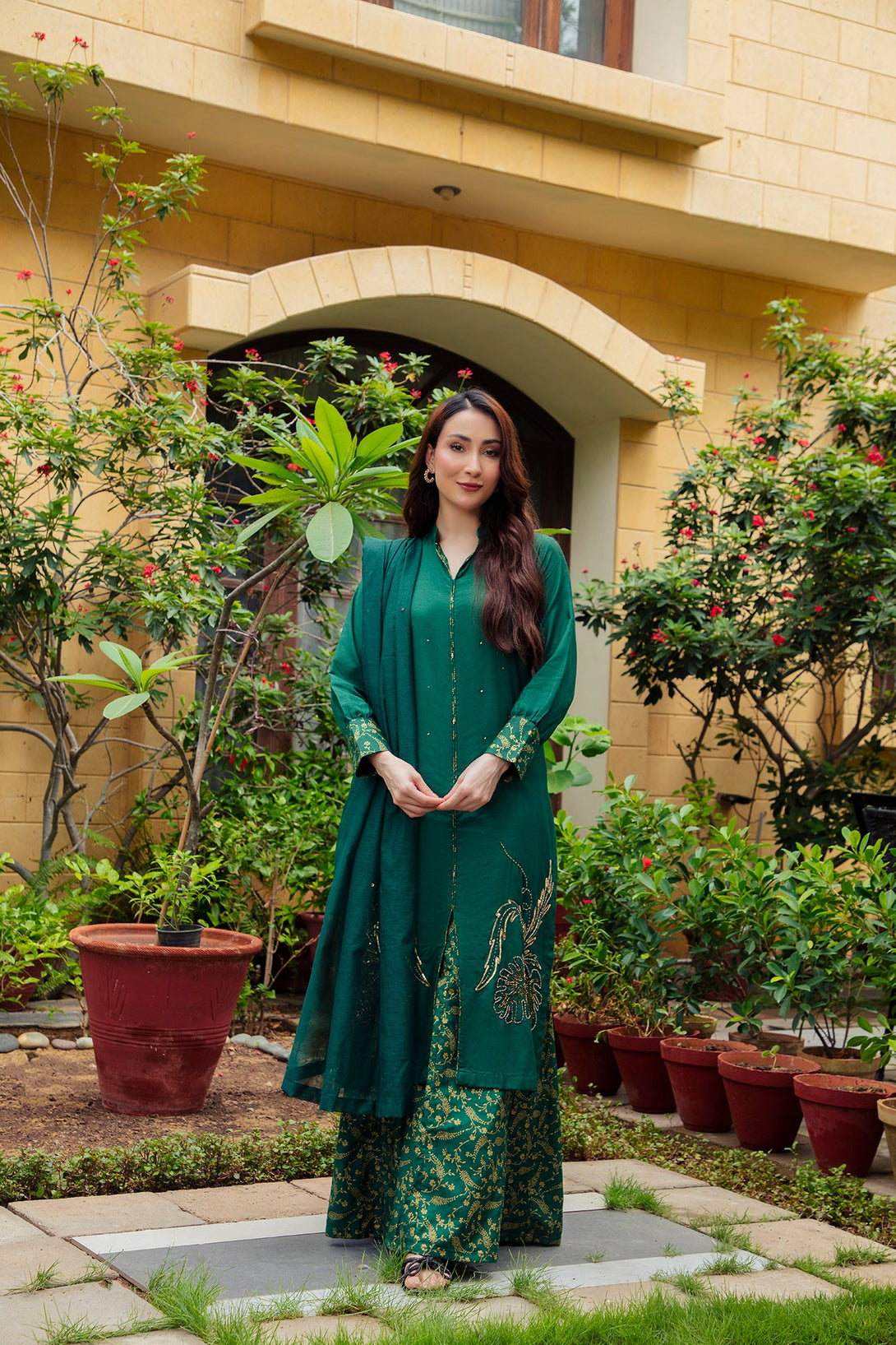 3-Piece Stitched Traditional Kai Green Hand-Embroidered Sheep