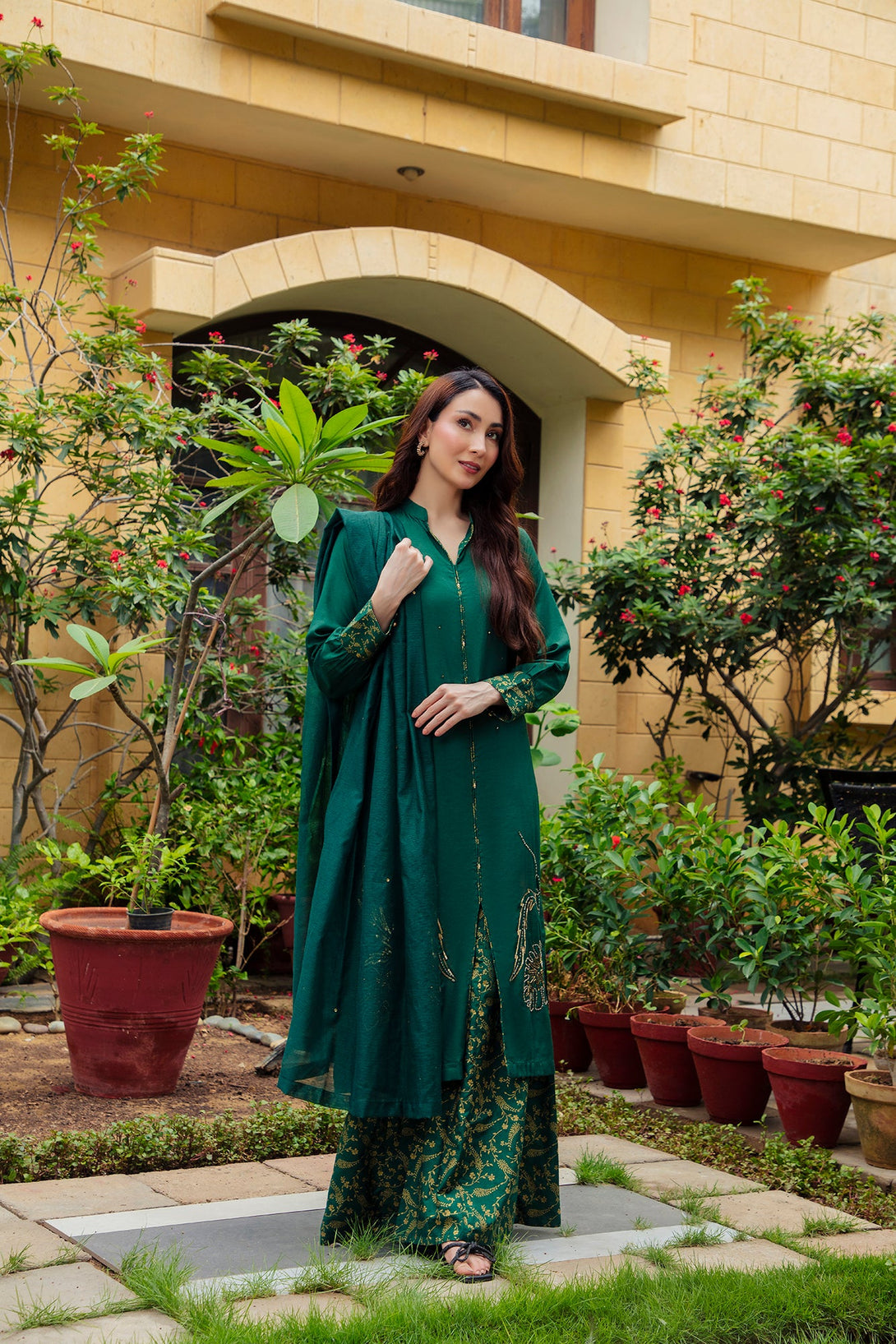 3-Piece Stitched Traditional Kai Green Hand-Embroidered Sheep
