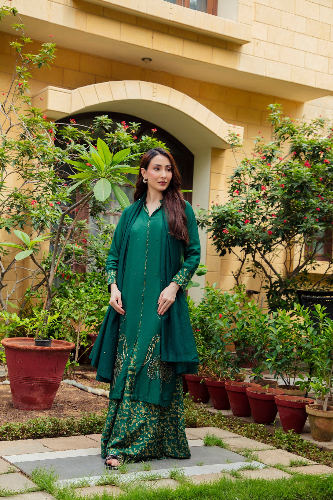 3-Piece Stitched Traditional Kai Green Hand-Embroidered Sheep