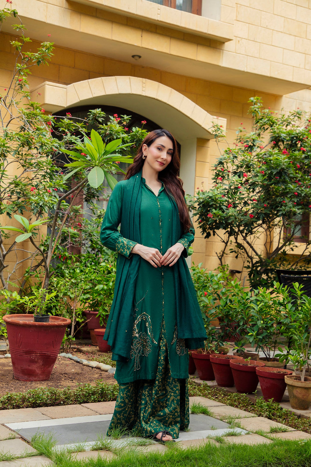 3-Piece Stitched Traditional Kai Green Hand-Embroidered Sheep