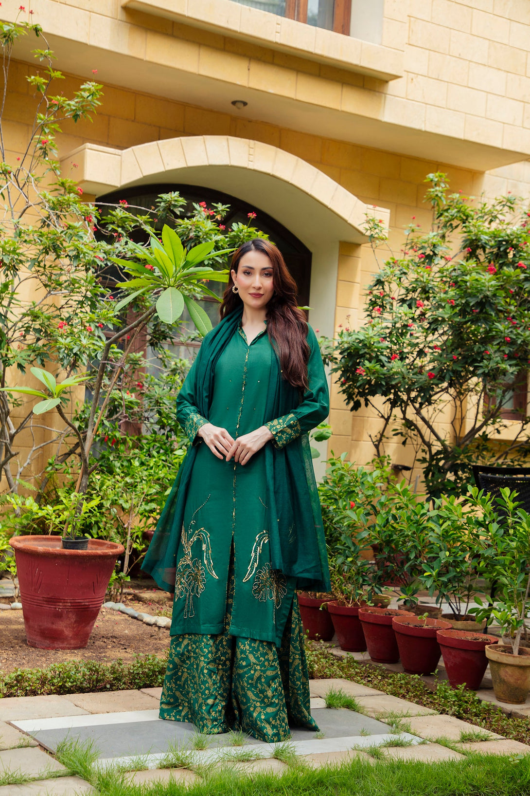 3-Piece Stitched Traditional Kai Green Hand-Embroidered Sheep