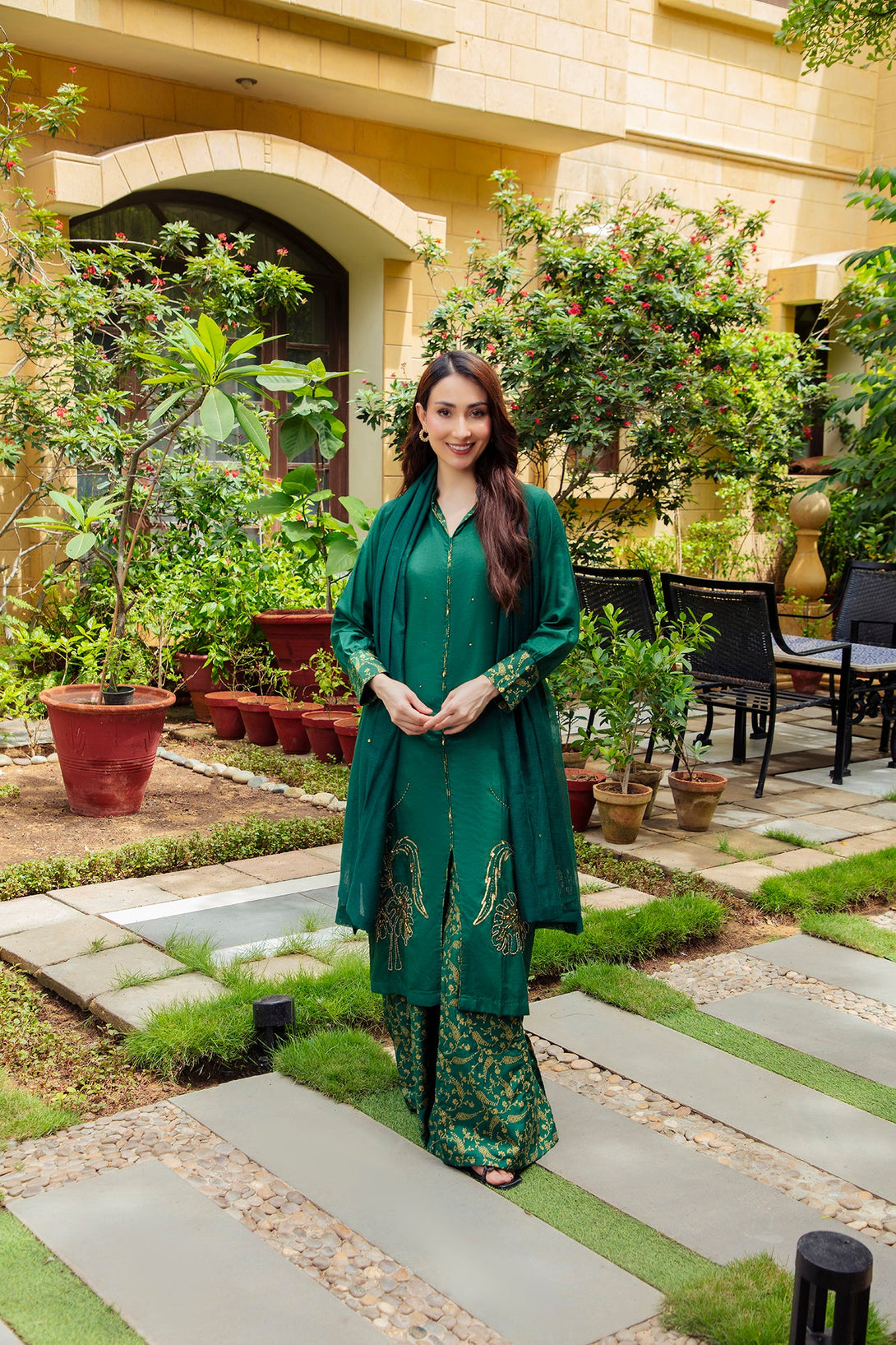 3-Piece Stitched Traditional Kai Green Hand-Embroidered Sheep